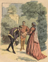 Bussy grüßt Jeanne, begleitet von Saint Luke, im Park. Illustration des Romans „La Dame de Monsoreau“ von Alexandre Dumas, in „Journal des novels populaires illustrés“