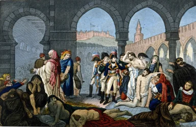 Kampagne (Expedition) von Ägypten (1798-1801): General Bonaparte besucht das Pestkrankenhaus in Jaffa. Gravur 19. Jahrhundert.