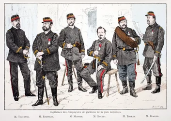 Hauptleute der mobilisierten Friedenswächterkompanien, von links nach rechts: Herr Toquenne, Herr Rousseau, Herr Mennier, Herr Rochut, Herr Thomas, Herr Blavier. Farbradierung zur Illustration „Geschichte des Friedenswächterkorps“ Buch veröffentlicht unter