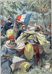 Gefangennahme von Samory Touré (ca. 1830-1900), sudanesischer Anführer und Gegner der französischen Kolonisierung Afrikas, durch Hauptmann Gouraud und Leutnant Jacquin. Sudan