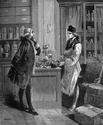 Carl Wilhelm (Guillaume) Scheele (1742 -1788), schwedischer Chemiker in seinem Labor mit Tobern Bergmann 1735-1784, Chemiker