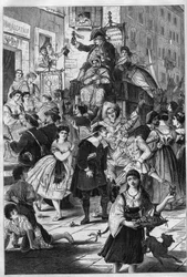 Karneval in Rom: der Spaziergang von Dr. Pasquin, römischer Brauch. Er bietet den Damen auf den Balkonen seine Elixiere an. Stich in „L