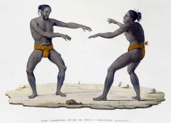 Karolinische Männer tanzen (Karolinische Inseln, Ozeanien)