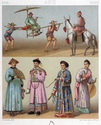 Tragestühle, Reiter und Kostüme in China - in „Le costume historique“ von Racinet