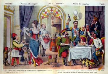 Karikatur der italienischen Zeitung „Le Parroquet“ (il Pappagallo) zum Berliner Kongress (Congresso di Berlino) 1878 (Diplomatische Konferenz). Der Berliner Kongress wurde abgehalten, um Russlands Ungerechtigkeiten gegenüber der Türkei zu überprüfen: Türke