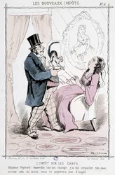 Katzensteuer: „Madame Papinard! Sammeln Sie all Ihren Mut. Ich habe Ihre Katze ausgestopft, also zahlen wir zumindest keine Steuer“ - Karikatur