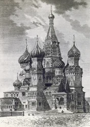 Kathedrale des Schutzes der Allerheiligsten Theotokos am Graben oder Basilius-Kathedrale auf dem Roten Platz in Moskau, Russland, Gravur aus Freies Russland