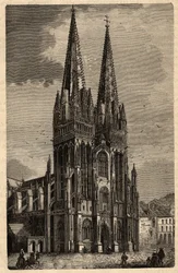 Kathedrale Saint-Corentin von Quimper - Gravur in „PATRIE - BESCHREIBUNG DER MALERISCHEN FRANKREICH IN 6 BÄNDEN“ von Lucien Huard - Ende des 19. Jahrhunderts