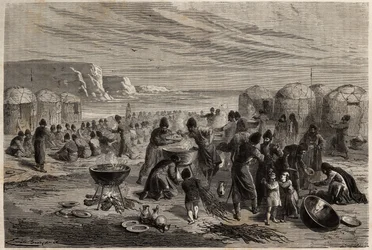 Cauda-yoli, das jährliche turkmenische religiöse Fest, um Gottes Schutz für die Familie und das Vieh zu bitten, organisiert von einer Familie, die zu diesem Anlass etwa fünfzehn Schafe opfern kann, und zu dem die ganze Gemeinschaft eingeladen ist. Gravur