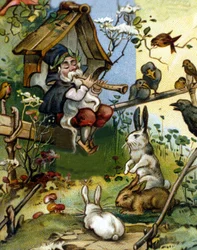 Charakter des Zwergen- oder Koboldflötenspielers. Chromolithographie des 19. Jahrhunderts