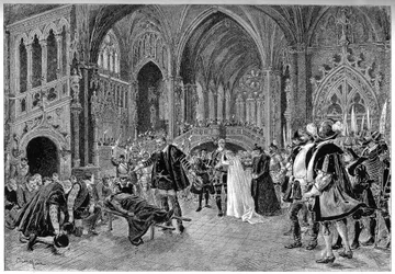 Charaktere von Karloo, Jonah, Rysoor, Blackcarmes, Herzog von Alba, Rafaela und die Gefolgschaft des Herzogs von Alba in Akt IV 