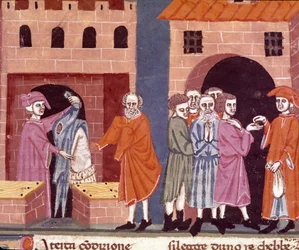 Wohltätigkeit im Mittelalter: „öffentliche Unterstützung“. Szene der Wohltätigkeit und Unterstützung der Armen. Miniatur der florentinischen Schule aus der italienischen Übersetzung des „Pater noster“ des florentinischen Notars Ser Zucchero Bencivenni, Anf