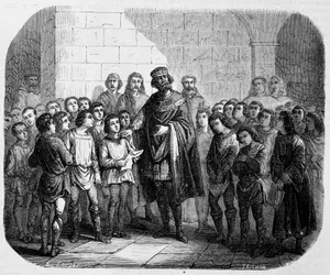 Karl der Große besucht eine Schule - in „Geschichte der Päpste, Könige, Königinnen, Kaiser durch die Jahrhunderte“ von Maurice Lachatre