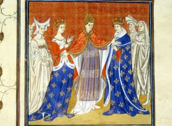 Karl IV. der Schöne und Blanche von Burgund - Miniatur des Mittelalters (ref. 512, 345v): Genehmigungsantrag an die Stadtbibliothek Toulouse (tel: 05 62 27 66 66)