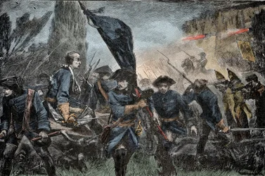 Karl XII. von Schweden in der Schlacht - Großer Nordischer Krieg (1700-1721): König Karl XII. (Carl) von Schweden (1682-1728) in der Schlacht von Poltawa (Pultawa, Ukraine) im Jahr 1709 gegen die Waffen von Peter I. von Russland, genannt der Große (1672-17