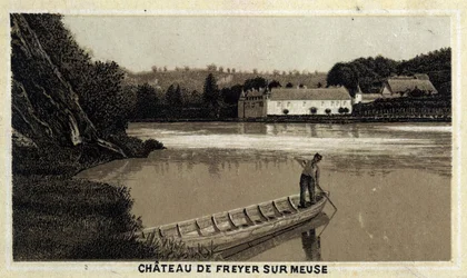 Schloss Freyer an der Maas (Freyer-Sur-Meuse), Belgien. Chromolithographie aus dem späten 19. Jahrhundert.