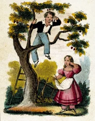 Kirschen pflücken - Chromolithografie, Ende 19. Jahrhundert