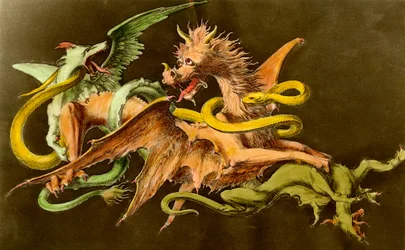 Chimären Ein Drache kämpft gegen zwei Monster. Gravur aus dem 19. Jahrhundert.