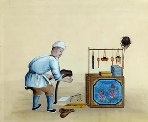 Chinesischer Händler schärft Scheren zum Schneiden von Silberbarren (Zeichnung des 17. Jahrhunderts)