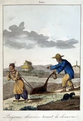 Chinesischer Bauer pflügt. In „Sitten und Gebräuche der Völker“, ed. Hocquart
