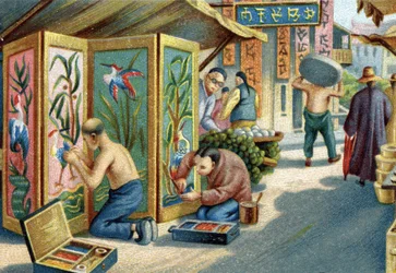 Chinesische Federkünstler arbeiten auf der Straße: Sie fertigen Tafeln oder Bildschirme mit einer Nadel und Federn an. Chromolithographie des 19. Jahrhunderts