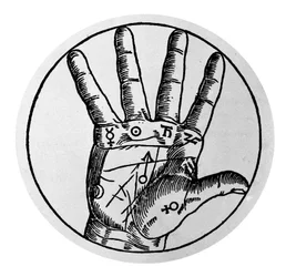 Chiromantie und Wahrsagerei: Darstellung der verschiedenen Linien der Hand, die die Interpretation der Persönlichkeit ermöglichen. Gravur aus dem 17. Jahrhundert