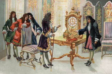 Christiaan Huygens (1629-1695), niederländischer Mathematiker und Astronom, präsentiert seine Uhr Ludwig XIV.