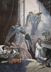 Weihnachtsträumendes Kind (Gravur 19. Jahrhundert)