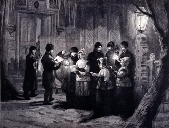 Weihnachtsnacht in Kanada: Lesungen und Gebete. Gravur des 19. Jahrhunderts