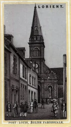 Kirchenpfarrei von Port Louis, Pays de Lorient, Morbihan, Bretagne. Chromolithographie des späten 19. Jahrhunderts