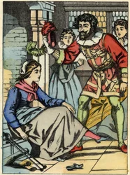 Aschenputtel probiert den vom Prinzen gefundenen Glasschuh an. Illustration zu Charles Perraults Märchen „Aschenputtel oder Der kleine Glasschuh“