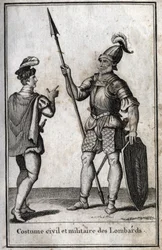 Zivile und militärische Kleidung der Langobarden im Mittelalter. Gravur in „Beauté de l