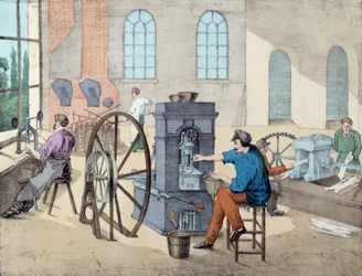 Münzherstellung: Arbeiter arbeiten in einer Fabrik in verschiedenen Stadien, Gießen und Prägen von Münzen. Gravur des 19. Jahrhunderts Paris, dekorative Künste