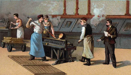 Münzherstellung, Goldklingen. Chromolithographie Ende des 19. Jahrhunderts