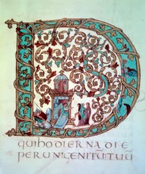 Sammlung von Ostern: große Initiale D verziert und illustriert (die Heiligen Frauen am Grab). Miniatur aus dem Manuskript „Sacramental of Drogon“