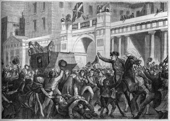 Oberst Alexandre Jacques Bernard Law Marquis de Lauriston wird 1801 vom Volk von London im Triumph transportiert - Alexandre Jacques Bernard Law de Lauriston (1768-1828) französischer General, Botschafter in London, seine Kutsche wird 1801 von den Londoner