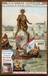 Berühmter Koloss: der Koloss von Rhodos (Apollon, Helios) (Höhe 32 Meter), der Bildhauer Chares von Lindos (4. Jahrhundert v. Chr.); die Flotte von Rhodos verlässt den Hafen (Griechenland) - Liebig-Chromolithografie