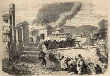Eroberung Algeriens: Expedition nach Groß-Kabylien im Jahr 1857. Unterwerfung der Beni-Yenni nach einer Zeichnung von Herrn Ameller, Bataillonsführer des 1. Zouaven. Gravur in „Le Monde illustrious“ von 1857. Private Sammlung.