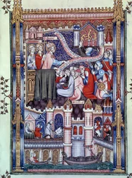 Bekehrung der Pariser: Auf einer Brücke in Paris, wo Goldschmiedeläden sind, zerbrechen Pariser Idole zu Gold. Miniatur aus dem Manuskript „Leben des Heiligen Denis“ von Yves, Mönch von Saint-Denis