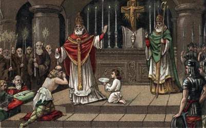 Bekehrung von Widukind vor Karl dem Großen im Jahr 785. Chromolithographie aus dem späten 19. Jahrhundert