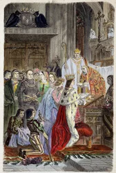 Krönung Kaiser Ottos I. (912-973) durch Papst Johannes XII. im Jahr 962 - in „Histoire des papes“ von Maurice La Châtre