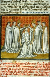 Krönung von Hugues Capet (987) durch Adalberon (ca. 925-990), Erzbischof von Reims - Illumination eines Manuskripts auf Pergament des Mittelalters „Große Chroniken von Saint-Denis“ Ende des 14. Jahrhunderts (ref.512)
