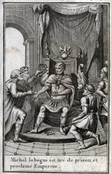 Krönung von Michael II. dem Amorianer (der Stotterer) (770-829) als byzantinischer Kaiser nach seiner Freilassung aus dem Gefängnis im Jahr 820. Er ist der Gründer der amorischen Dynastie. Gravur in „Beaute de l