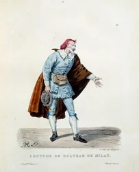 Kostüm von Niccolo Barbieri, bekannt als Beltrame von Mailand (gestorben 1641) im Jahr 1600. Kostüm der italienischen Komödie (commedia dell