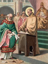 Konzil von Reims im Jahr 1148: Der heilige Bernhard von Clairvaux (1090-1153) beschuldigt Gilbert de la Porrée, Bischof von Poitiers, der Häresie - Chromolithographie aus dem späten 19. Jahrhundert