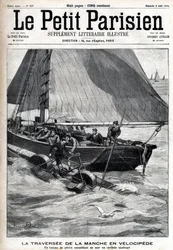 Überquerung des Ärmelkanals im Velociped: Ein Fischerboot sammelt Georges Pinkert auf, der gewettet hatte, den Ärmelkanal mit dem von ihm erfundenen Wasser-Velociped zu überqueren. Gravur in „Le Parisien“