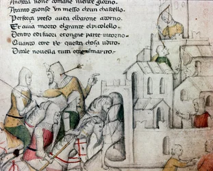 Kreuzritter greifen eine maurische Festung an. Illustration für das toskanische Gedicht „Febusso e Breusso“ Manuskript MS.B.R.45. 15. Jahrhundert Florenz, Nazionale Bibliothek