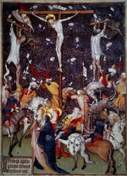 Kreuzigung. Schwarze Engel fliegen um die Körper der Verurteilten. Römer zu Pferd drehen sich um das Kreuz, um die Szene zu betrachten.