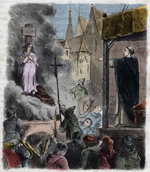 Kreuzzug gegen die Albigenser - Ketzer lebendig verbrannt: Katharer auf dem Scheiterhaufen zur Zeit des Kreuzzugs gegen die Albigenser in Frankreich im 13. Jahrhundert - Gravur von 1879 in „Histoire des sociétés secrètes, politiques et religieuses“ von Pie