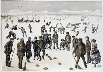 Curling auf einem zugefrorenen See in der Nähe von Halifax, Nova Scotia - in Sketches of canadian sports and pastimes von Lieut. Henry Buckton Laurence